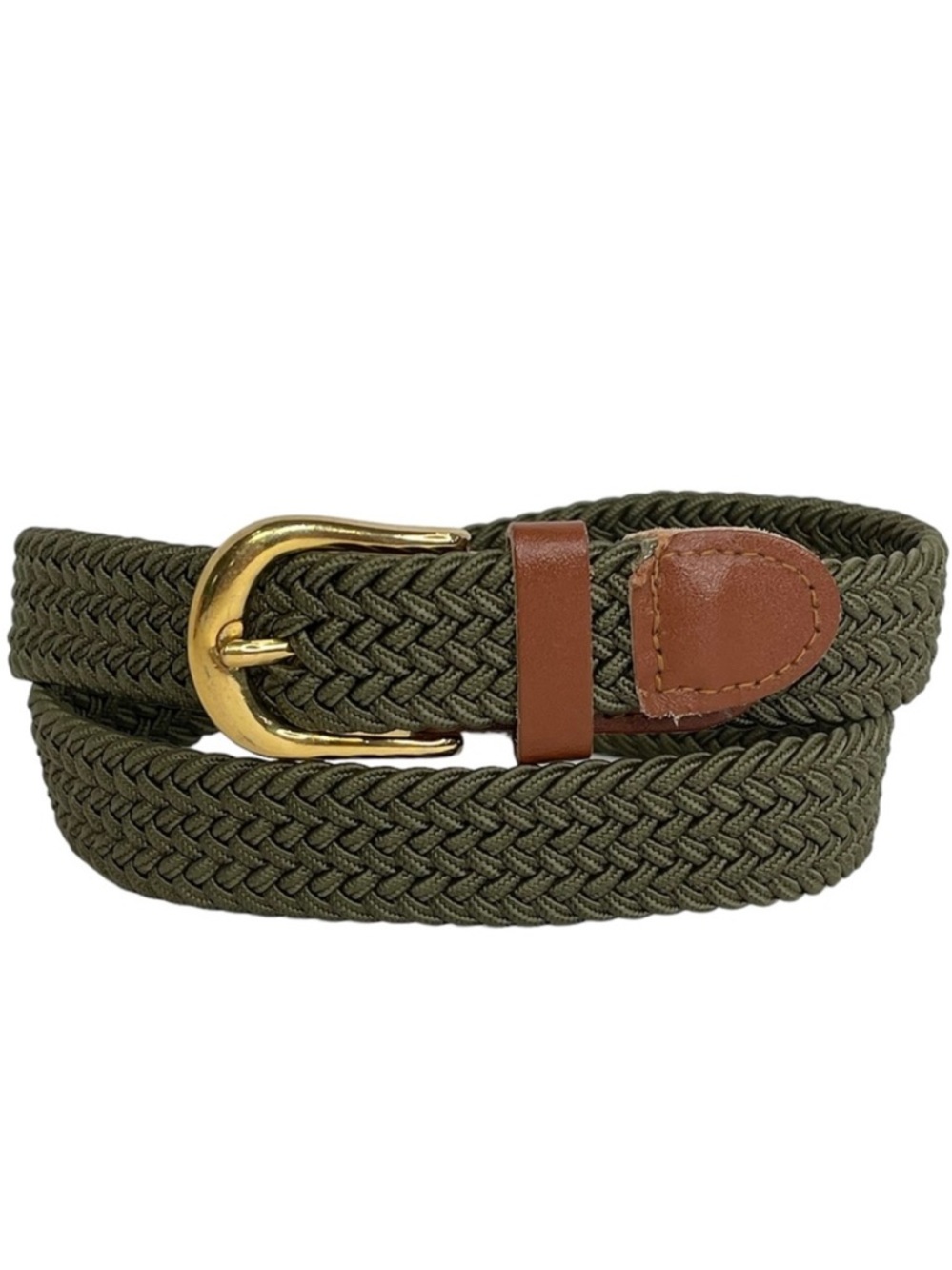 Stretch Woven Olive Green Youth Belt Brown Trim Brass Buckle Big Boy 28-30